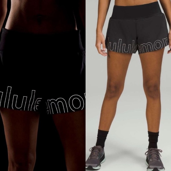 Lululemon Rare Speed Shorts 8 Graphic Pantone Black Reflective Spellout Run Gym - Picture 1 of 7
